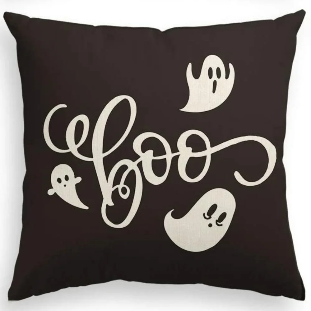 Halloween Pillow Cover • Ghosts Boo Black Off‑White • 18x18 • Linen Look NWOT
